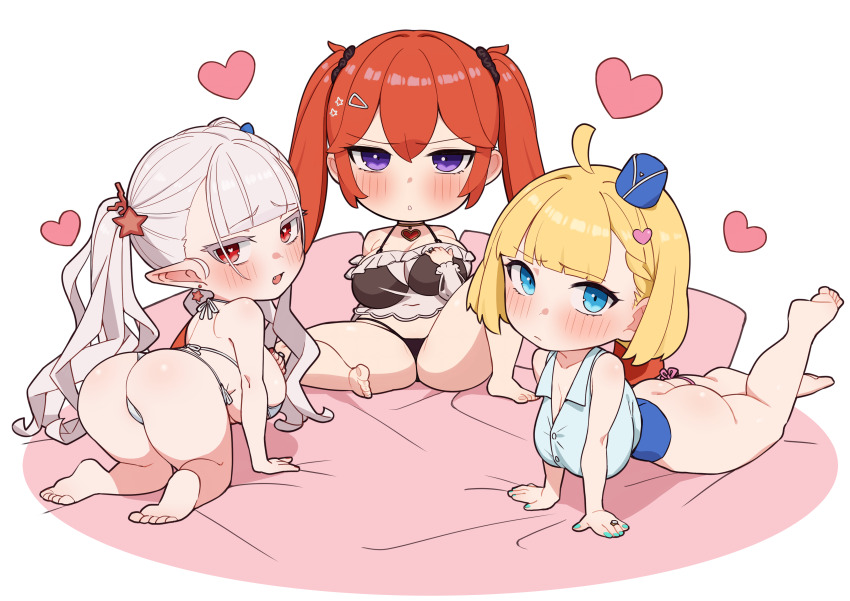 3girls absurdres all_fours ass barefoot bikini blonde_hair blush breasts chibi closed_mouth draculina_(last_origin) fang frills garrison_cap grey_hair griffon_(last_origin) hair_ornament hairclip hat heart heart_hair_ornament highres large_breasts last_origin long_hair looking_at_viewer lying may_of_doom miman_(hasutaro_stream) multiple_girls official_alternate_costume on_back parted_lips plump pointy_ears purple_eyes red_eyes red_hair shirt short_hair simple_background sleeveless sleeveless_shirt star_(symbol) star_hair_ornament swimsuit take_your_pick thick_thighs thighs twintails very_long_hair white_background
