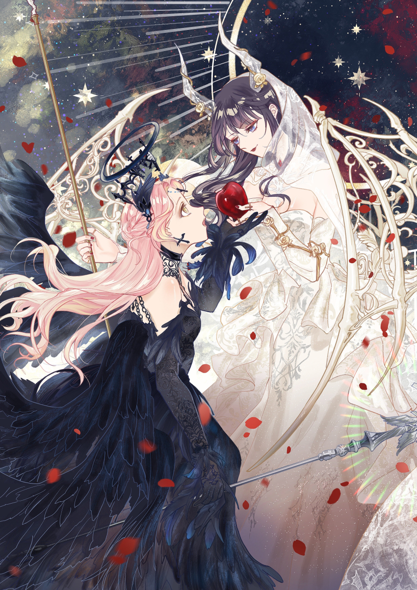 2girls a_gloomy_start_(shining_nikki) absurdres angel_and_devil angel_wings apple black_collar black_dress black_gloves black_hair black_halo black_wings black_wrist_cuffs breasts bridal_gauntlets brown_eyes cleavage closed_mouth collar confeitoo cross cross_earrings crystal_horns demon_wings detached_collar dress dustless_feathers_(shining_nikki) earrings elbow_gloves eye_contact fake_horns feathered_wings floating_hair flower food fruit full_body gloves gown halo high_collar highres holding holding_food holding_fruit holding_staff horn_flower horns jewelry lace_collar light_rays lilith_(shining_nikki) lipstick long_hair looking_at_another makeup multiple_girls nail_polish nikki_(nikki) nikki_(series) open_mouth petals pink_hair red_lips red_nails rose rose_petals see-through_clothes see-through_veil sharing_food shining_nikki smile space staff star_(symbol) strapless strapless_dress traditional_halo veil wavy_hair white_bridal_gauntlets white_dress white_horns white_veil white_wings wings wrist_cuffs yellow_flower yellow_rose yuri