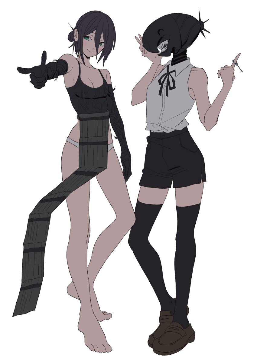 2girls apron barefoot betti_(xx_betti) black_apron black_gloves black_hair black_shorts black_thighhighs bomb_devil_(chainsaw_man) breasts brown_shoes chainsaw_man cleavage closed_mouth collared_shirt dynamite elbow_gloves explosive gloves green_eyes grenade_pin hair_between_eyes hair_bun highres loafers multiple_girls object_head panties pointing reze_(chainsaw_man) shirt shirt_tucked_in shoes shorts simple_background sleeveless sleeveless_shirt small_breasts smile teeth thighhighs underwear white_background white_panties white_shirt