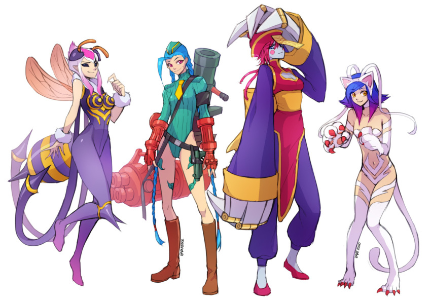 4girls abdomen_tail animal_hands arthropod_girl bee_girl cammy_white cammy_white_(cosplay) cat_girl claws commentary cosplay darkstalkers english_commentary evelynn_(league_of_legends) felicia_(darkstalkers) felicia_(darkstalkers)_(cosplay) full_body gatling_gun highleg highleg_leotard hsien-ko hsien-ko_(cosplay) insect_girl jinx_(league_of_legends) league_of_legends leotard minigun multiple_girls neeko_(league_of_legends) q-bee q-bee_(cosplay) rocket_launcher street_fighter vi_(league_of_legends) vmat weapon