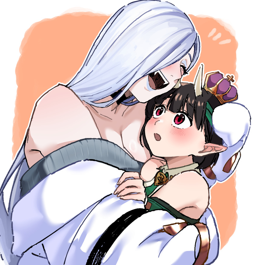 2girls absurdres bare_shoulders biscione_(fate) biscione_(second_ascension)_(fate) black_hair blue_lips blush breasts choker cleavage closed_eyes collared_dress crown dragon_girl dress eyeliner fangs fate/grand_order fate_(series) green_jacket grey_dress hair_over_one_eye highres hiyayaako horns hug jacket large_breasts long_hair long_sleeves makeup mini_crown mrs._snake_(fate) multicolored_hair multiple_girls necktie off_shoulder open_mouth pointy_ears red_eyes short_hair smile streaked_hair sweater sweater_dress thighs white_dress white_hair white_jacket