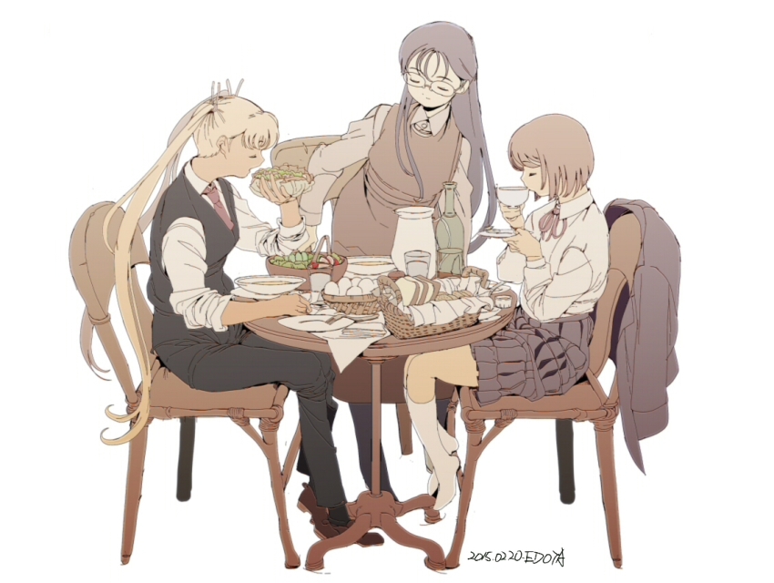 3girls artist_name basket black_hair black_socks black_suit blonde_hair blouse bowl bread bread_slice brown_hair chair claes closed_eyes collared_dress crossed_legs cup dark-skinned_female dark_skin dated dress eating edoya_inuhachi egg_(food) food fork formal_clothes fruit_bowl grey_skirt gunslinger_girl henrietta_(gunslinger_girl) holding holding_cup holding_food holding_plate holding_sandwich kneehighs long_hair medium_dress multiple_girls neck_ribbon necktie no_shoes oxfords plate pleated_skirt ribbon sandwich shirt signature simple_background sitting skirt socks soup submarine_sandwich suit table tablecloth teacup triela white_socks wispy_bangs