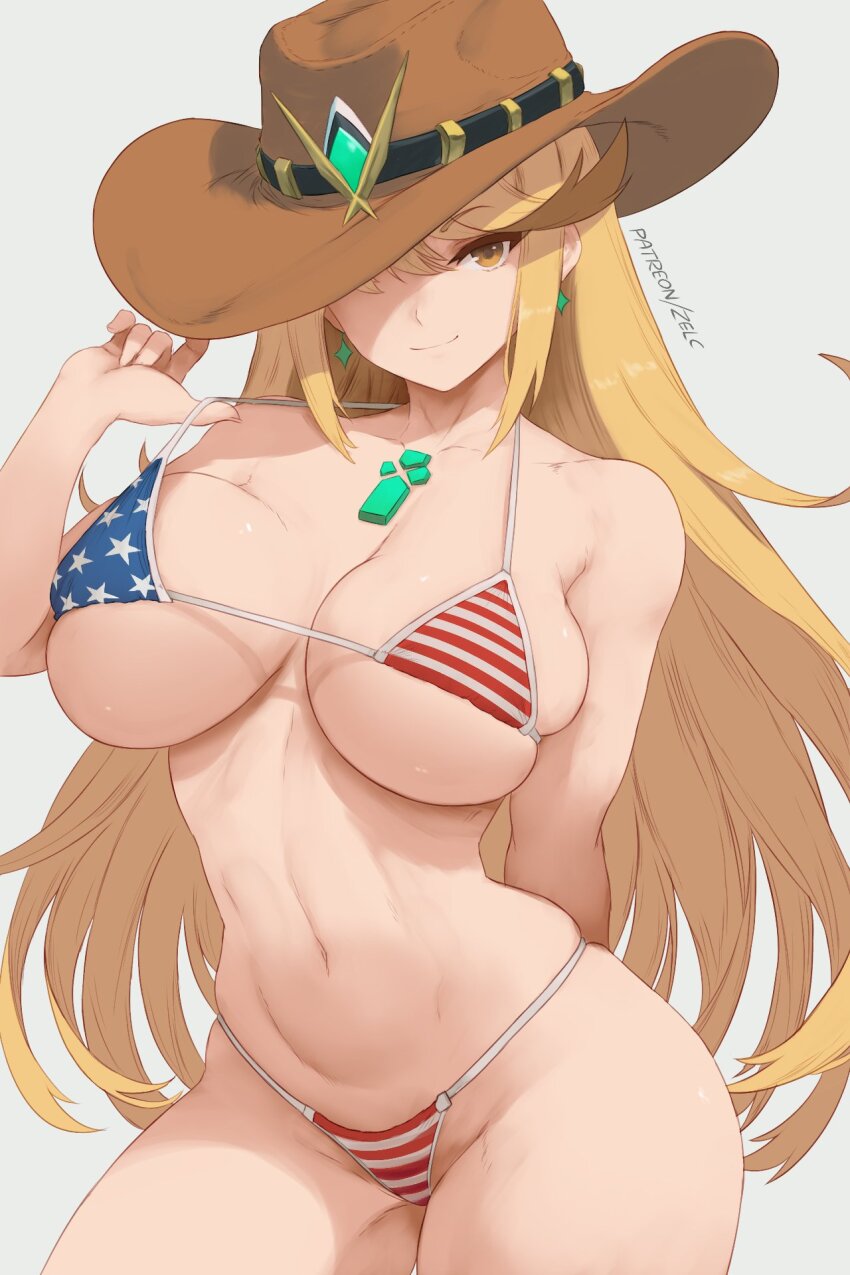 1girl alternate_costume american_flag american_flag_bikini american_flag_print arm_behind_back artist_name bikini bikini_top_pull blonde_hair breasts brown_hat chest_jewel closed_mouth commentary cowboy_hat flag_print flag_print_bikini hat highres large_breasts long_hair looking_at_viewer mythra_(xenoblade) navel one_eye_covered print_bikini pulling_own_clothes skindentation smile solo star_(symbol) stomach swept_bangs swimsuit xenoblade_chronicles_(series) xenoblade_chronicles_2 yellow_eyes zelc-face