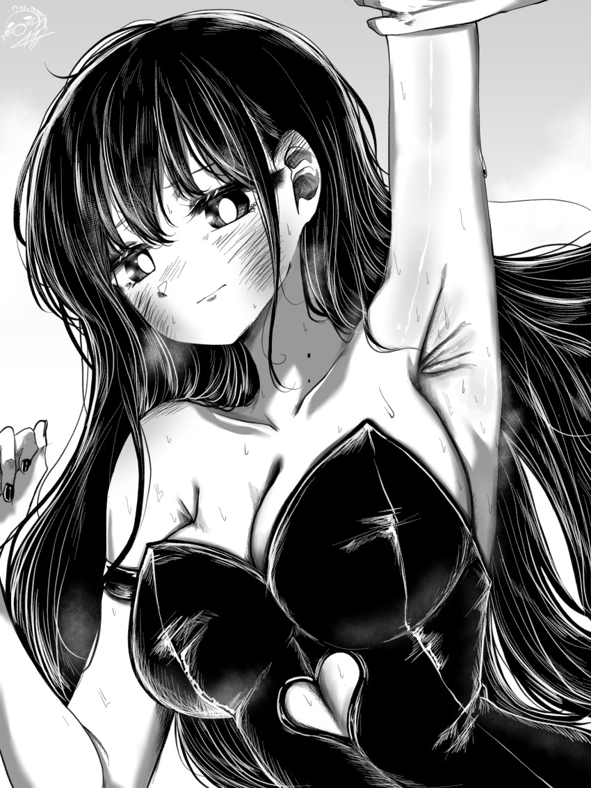 1girl 1other ao_tanuki arm_up armpit_crease armpits bare_shoulders blush boku_no_kokoro_no_yabai_yatsu breasts cleavage closed_mouth clothing_cutout collarbone dated dated_commentary grabbing_another&#039;s_arm greyscale heart_cutout highres large_breasts leotard long_hair looking_to_the_side mole mole_on_neck monochrome multiple_moles signature solo_focus strapless strapless_leotard sweat twitter_username upper_body yamada_anna