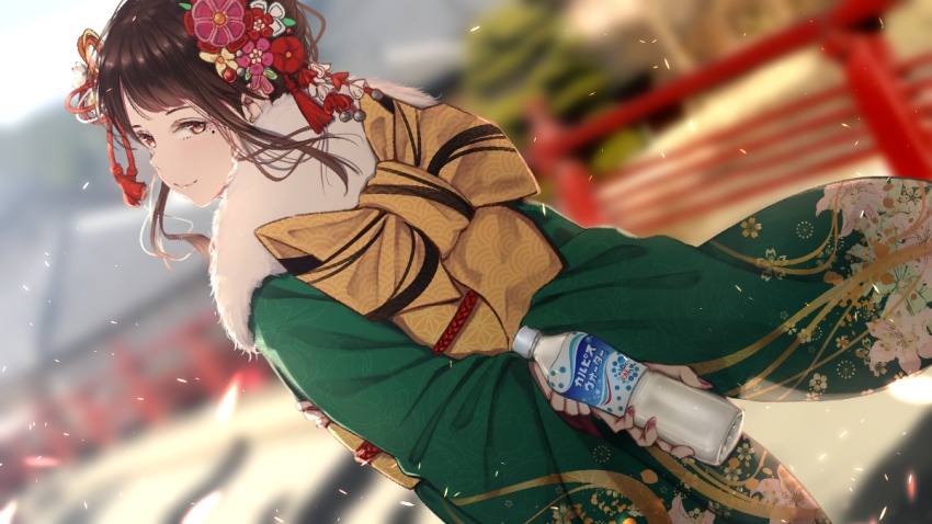 1girl arms_behind_back back bad_id bad_pixiv_id bottle bridge calpis female_focus fur_trim hair_ornament japanese_clothes kimono mole mole_under_eye original outdoors red_eyes saitou_(lynx-shrike) smile solo