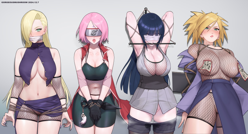 4girls absurdres arm_warmers bike_shorts black_gloves black_hair blonde_hair bound bound_wrists breasts fishnet_top fishnets forehead_protector gag gloves gorgeous_mushroom haruno_sakura highres hyuuga_hinata konohagakure_symbol kunai large_breasts looking_at_viewer multiple_girls naruto:_the_last naruto_(series) ofuda ofuda_on_nipples pasties pink_hair short_shorts shorts temari_(naruto) weapon yamanaka_ino