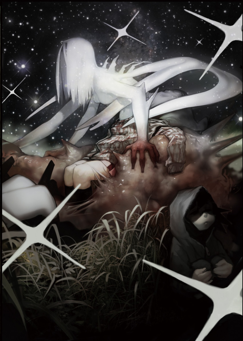 1girl 1other black_thighhighs blood blood_on_clothes blood_stain breasts closed_mouth death eldritch_abomination glowing grass hair_over_face hiding highres horror_(theme) medium_hair original pink_skirt shaded_face shiny_skin sitting skirt sky spine star_(sky) starry_sky takeyuki15 thighhighs white_hair