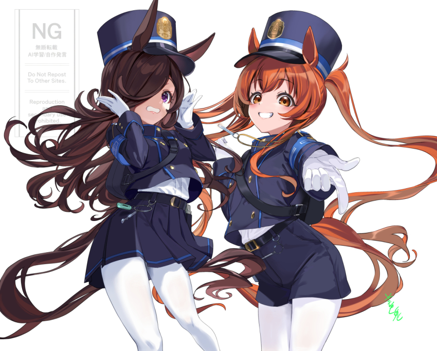 2girls animal_ears armband blue_archive blue_armband blue_jacket blue_shorts blue_skirt brown_hair buttons cosplay cowboy_shot double-breasted gloves grin hat hikari_(blue_archive) hikari_(blue_archive)_(cosplay) horse_ears horse_girl horse_tail jacket long_hair mayano_top_gun_(umamusume) multiple_girls nozomi_(blue_archive) nozomi_(blue_archive)_(cosplay) orange_eyes orange_hair pantyhose peaked_cap purple_eyes rice_shower_(umamusume) shorts simple_background skirt smile tail teeth train_conductor twintails umamusume voice_actor_connection watermark white_background white_gloves white_pantyhose youmou_usagi