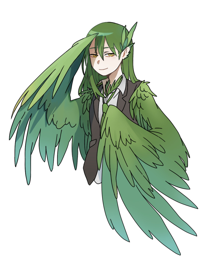 1boy black_vest closed_mouth cropped_torso feathered_wings formal_clothes green_hair green_necktie hakka_(ariel0104) harpy_boy highres lobotomy_corporation long_hair looking_at_viewer male_focus monster_boy necktie project_moon simple_background smile solo upper_body vest white_background wings