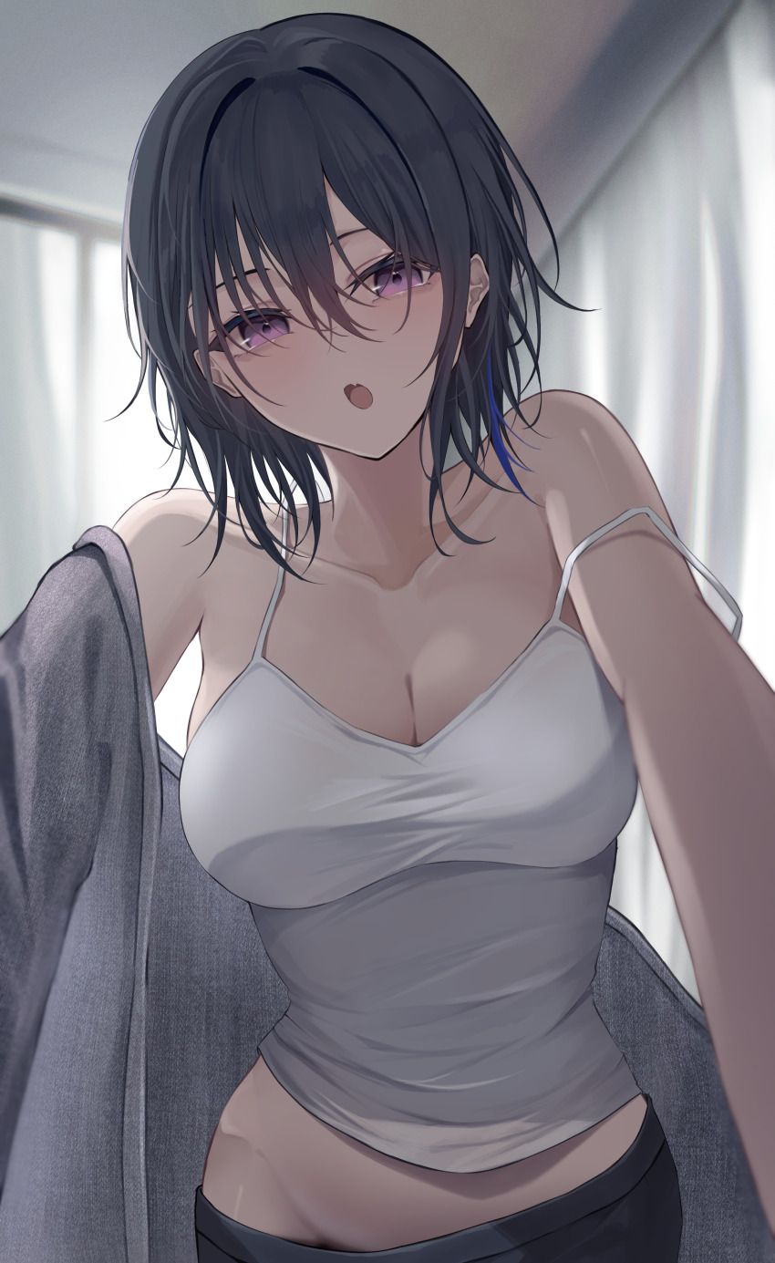 1girl absurdres black_hair black_shorts blue_hair breasts camisole cardigan cleavage collarbone commentary_request fang grey_cardigan groin hair_between_eyes haru_(haru83380282) highres ichinose_uruha indoors large_breasts light_blush lupinus_virtual_games medium_breasts medium_hair multicolored_hair open_cardigan open_clothes open_mouth pov purple_eyes reaching reaching_towards_viewer shirt shorts single_off_shoulder skin_fang solo spaghetti_strap strap_slip streaked_hair textless_version virtual_youtuber vspo! white_camisole