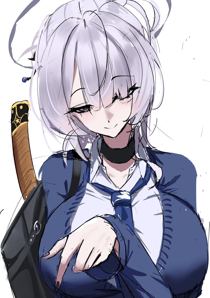 1girl absurdres bag black_choker black_nails blazer blue_necktie breasts choker grey_eyes grey_hair hair_over_one_eye halo highres itokonoue_kaoru jacket large_breasts looking_at_viewer necktie project_kv shoulder_bag sketch smile solo sword weapon yuki_(yuki_yu_owo)