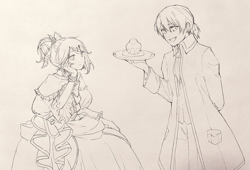 aku_no_meshitsukai_(vocaloid) aku_no_musume_(vocaloid) allen_avadonia ascot bored bow bracelet brioche brother_and_sister cheek_rest choker collared_coat collared_jacket dress evillious_nendaiki food frilled_choker frilled_dress frilled_sleeves frills graphite_(medium) hair_bow hair_ornament hairclip high_ponytail highres holding holding_food holding_plate jacket jewelry kagamine_len kagamine_rin lineart looking_at_viewer low_ponytail monochrome off-shoulder_dress off_shoulder pants petticoat plate ponytail puffy_sleeves riliane_lucifen_d&#039;autriche short_ponytail siblings sidelocks sideways_glance smile tomari_drew traditional_media twins unamused updo vest vocaloid wide_sleeves