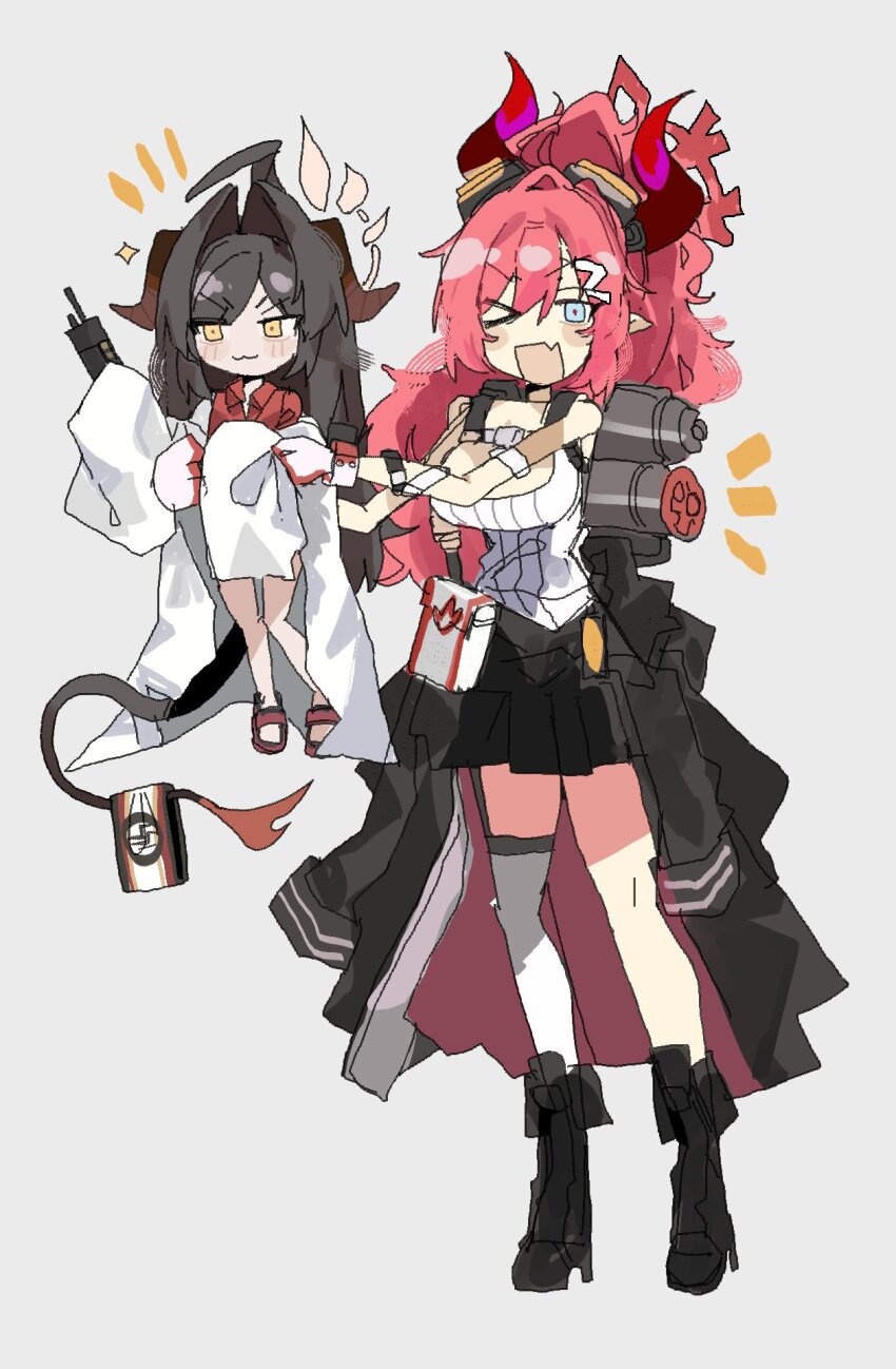 2girls black_hair black_horns black_shorts black_tail blue_archive clothes_around_waist coat demon_horns demon_tail gas_cylinder goggles goggles_on_head hair_intakes halo highres horns jacket jacket_around_waist kasumi_(blue_archive) lab_coat long_hair long_sleeves long_tail megu_(blue_archive) multiple_girls odmised red_hair red_halo red_horns red_shirt ribbed_shirt ribbed_tank_top sandals shirt shorts single_thighhigh sleeves_past_fingers sleeves_past_wrists tail thighhighs two-tone_gloves walkie-talkie white_coat