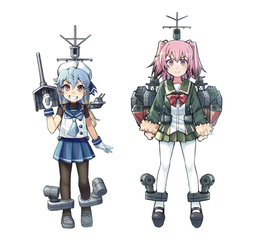 2girls black_legwear blonde_hair blue_hair blue_ribbon blue_skirt colored_tips commentary_request depth_charge depth_charge_projector fur-trimmed_sleeves fur_trim gloves gradient_hair green_jacket green_skirt grin hair_between_eyes height_difference highres jacket kantai_collection kunashiri_(kancolle) long_hair long_sleeves looking_at_viewer machinery mary_janes mast mizoki_kei multicolored_hair multiple_girls neck_ribbon neckerchief orange_eyes pantyhose pink_hair pleated_skirt red_eyes red_ribbon ribbon sado_(kancolle) school_uniform serafuku shirt shoes short_hair simple_background skirt sleeveless sleeveless_shirt smile standing two-tone_hair two_side_up undershirt white_background white_gloves white_legwear