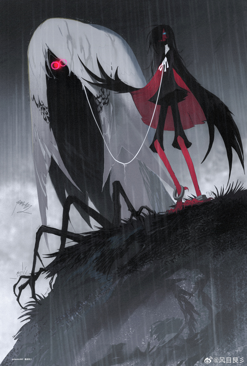 1other absurdres bird_legs black_hair blue_eyes cliff glowing glowing_eyes grass grey_sky highres kamikiririp long_hair monster original outdoors rain red_eyes sky solo white_hair white_string