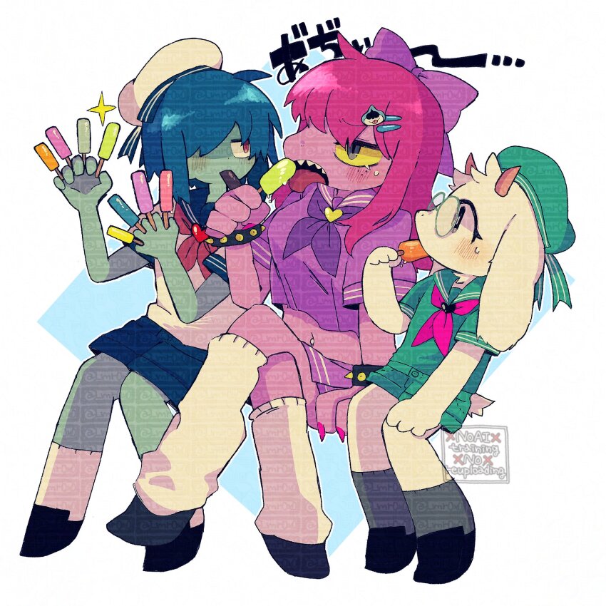 1boy 1girl 1other alternate_costume animal_ears between_fingers blue_hair blue_sailor_collar blue_shorts blue_skin bow brooch colored_sclera colored_skin commentary crossed_legs deltarune eating food furry furry_female furry_male goat_boy goat_ears goat_horns green_hat green_sailor_collar green_shirt green_shorts grey_socks hair_bow hair_ornament hair_over_one_eye hairclip hat heart heart_brooch highres holding holding_food holding_popsicle horns jewelry kris_(deltarune) leg_warmers long_hair mr0x0 neckerchief pink_horns pink_neckerchief popsicle purple_bow purple_hair purple_neckerchief purple_sailor_collar ralsei red_eyes red_neckerchief sailor_collar shirt short_hair shorts socks susie_(deltarune) symbol-only_commentary tongue translation_request watermark white_hat white_leg_warmers white_shirt white_socks yellow_sclera