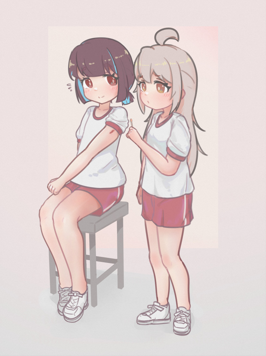 2girls absurdres ahoge bare_arms bare_legs blue_hair blunt_bangs blunt_ends brown_eyes brown_hair commentary cotton_swab flying_sweatdrops full_body grey_background grey_hair gym_shirt highres holding_cotton_swab hozuki_momiji injury long_hair momoku multicolored_hair multiple_girls onii-chan_wa_oshimai! oyama_mahiro ponytail red_shorts scratches shirt shoes short_hair short_ponytail short_shorts short_sleeves shorts simple_background sitting sleeve_rolled_up smile sneakers stool two-tone_hair white_footwear