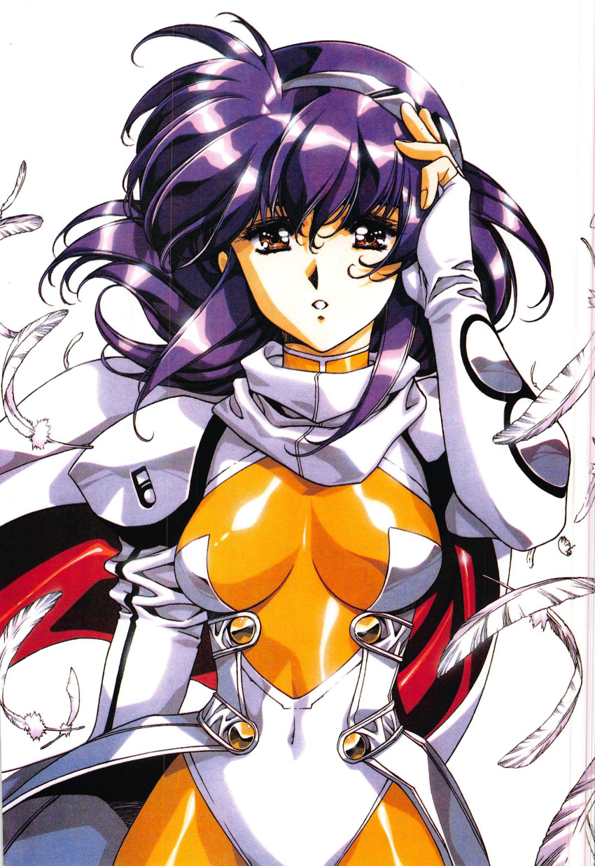 1990s_(style) 1girl absurdres armor bodysuit breasts brown_eyes cape covered_navel feathers fingerless_gloves gloves hairband highres lambda_(langrisser) langrisser langrisser_v large_breasts long_hair looking_at_viewer medium_breasts navel official_art orange_bodysuit purple_hair retro_artstyle scan scan_artifacts solo urushihara_satoshi white_background