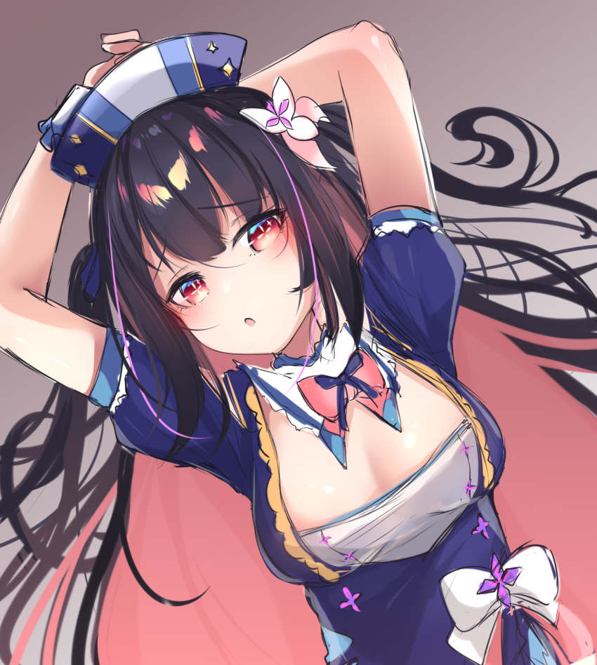 1girl :o arms_up black_hair blue_dress blue_hat blue_ribbon blush bow bowtie breasts brown_background cleavage clothing_cutout collar colored_inner_hair dress flower frown gradient_eyes hair_flower hair_ornament hair_ribbon hat highres hina_misora kana616 large_breasts long_hair multicolored_eyes multicolored_hair neck_ribbon nurse_cap pink_bow pink_bowtie pink_eyes pink_hair puffy_short_sleeves puffy_sleeves ribbon short_sleeves shoulder_cutout sketch solo streaked_hair symbol-shaped_pupils two-tone_hair two_side_up upper_body virtual_youtuber wactor_production white_bow white_collar white_flower wrist_cuffs yellow_eyes