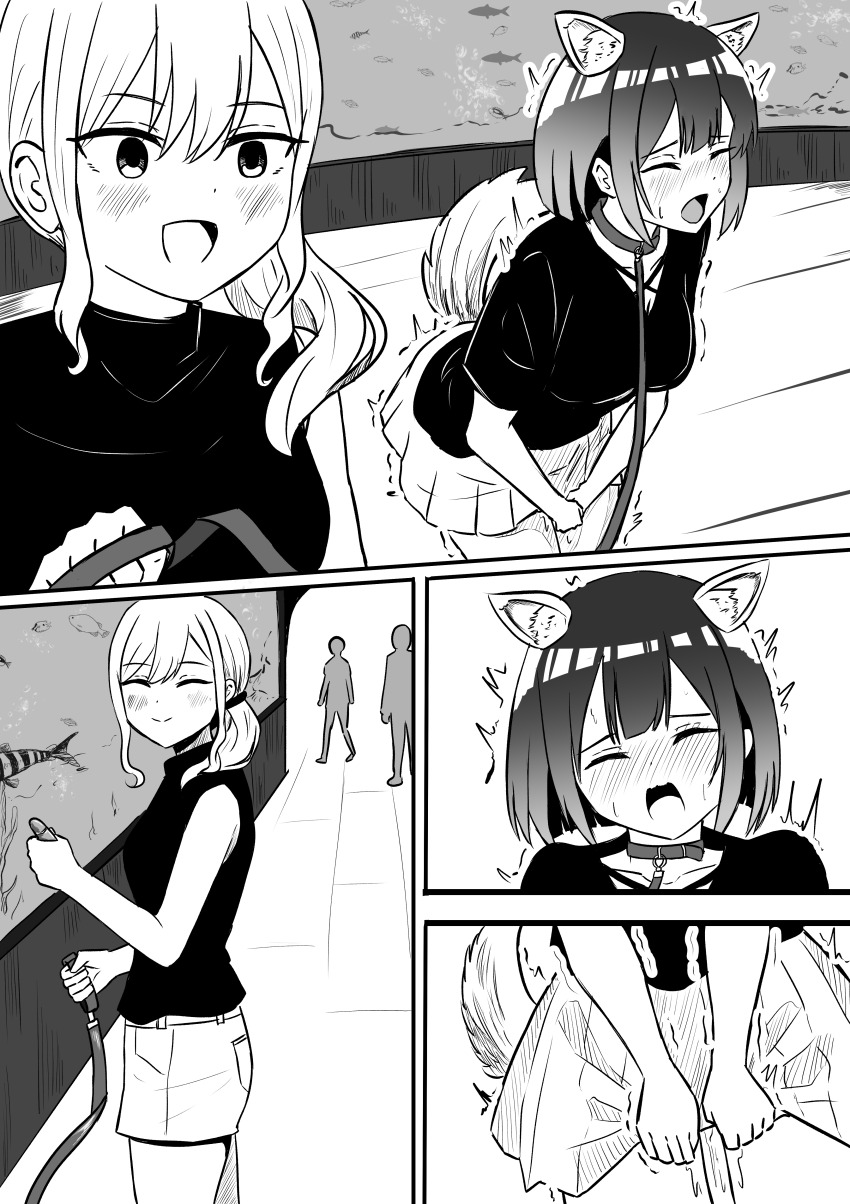 2girls absurdres animal_ears bad_girl_(manga) blush breasts closed_eyes dog_ears dog_tail fake_animal_ears fake_tail greyscale highres jussayuranhijau leash monochrome multiple_girls open_mouth peeing peeing_self small_breasts smile suzukaze_suzu tail yuutani_yuu