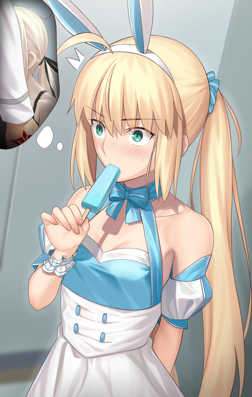 1girl absurdres ahoge animal_ears apron arms_behind_back artoria_caster_(fate) artoria_caster_(swimsuit_berserker)_(second_ascension)_(fate) artoria_pendragon_(fate) besmiled blonde_hair blue_bow blue_bowtie blue_dress blurry blurry_background blush bow bowtie breasts buttons chinese_commentary cleavage collarbone commentary_request depth_of_field detached_sleeves dress fake_animal_ears fate/grand_order fate_(series) fellatio food food_in_mouth fujimaru_ritsuka_(male) green_eyes hair_between_eyes hairband highres holding holding_food holding_popsicle indoors long_hair oral ponytail popsicle popsicle_in_mouth puffy_short_sleeves puffy_sleeves rabbit_ears saber_alter saber_alter_(ver._shinjuku_1999) scrunchie short_sleeves small_breasts solo speech_bubble thought_bubble variant_set very_long_hair white_apron white_hairband white_sleeves wide-eyed wrist_scrunchie