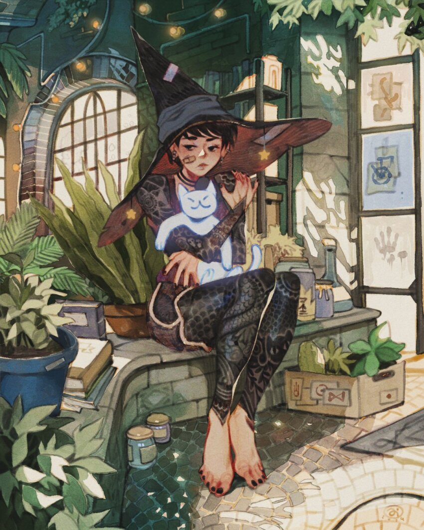 1girl animal arm_tattoo artist_logo bandaid bandaid_on_face barefoot black_eyes black_hair black_nails book bookshelf cat cat_tattoo closed_mouth commentary earrings english_commentary feet garden ghost half-closed_eyes handprint hat hat_ornament hat_ribbon highres holding holding_animal holding_cat hug jar jewelry leg_tattoo legs_together logo nail_polish original patch plant potted_plant ribbon runes shirt short_hair short_shorts shorts simz sitting sleeveless sleeveless_shirt slice_of_life solo star_(symbol) star_hat_ornament string_of_light_bulbs tattoo tattoo_sleeve thick_eyebrows tile_floor tiles toenail_polish toenails toes window witch_hat