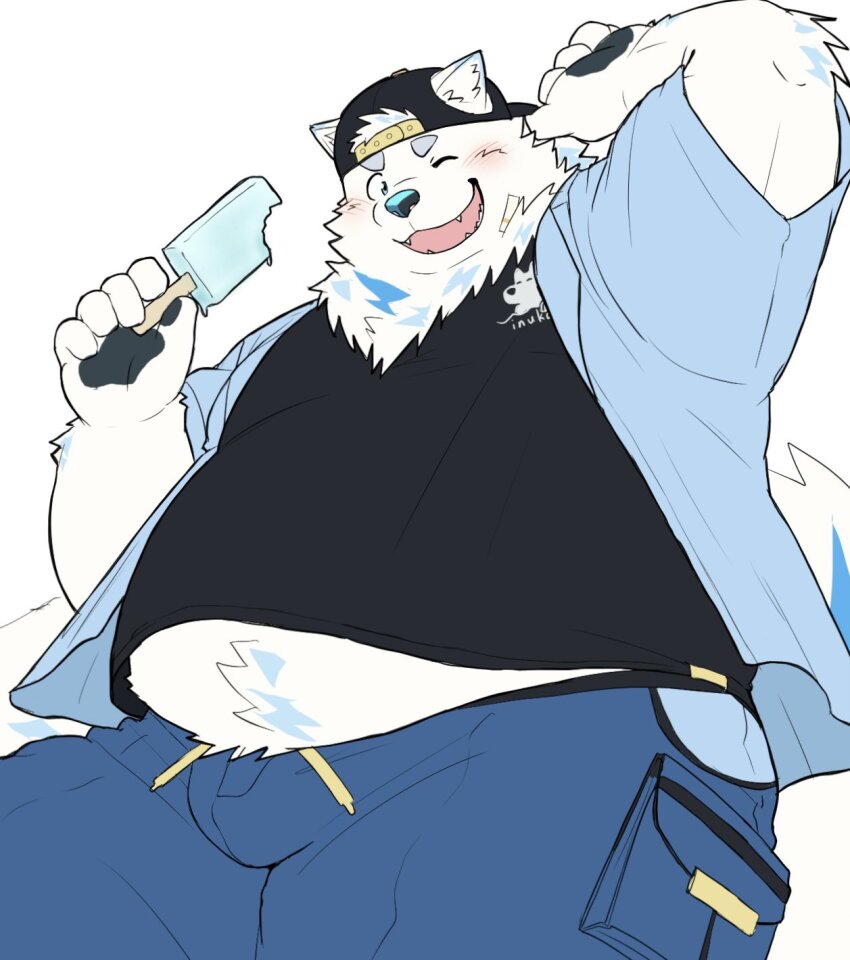 1boy animal_ears backwards_hat bara baseball_cap black_shirt blue_pants blue_shirt blush bulge dog_boy dog_ears dog_nose dog_tail food furry furry_male hat highres holding holding_food holding_popsicle live_a_hero looking_at_viewer male_focus midriff_peek multicolored_hair nikukyu299paw one_eye_closed open_clothes open_mouth open_shirt pants pawpads popsicle shirt smile streaked_hair tail white_fur yohack
