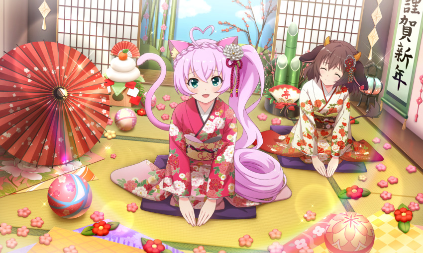 2girls ^_^ ahoge alternate_hairstyle animal_ear_fluff animal_ears aqua_eyes architecture artist_request ball bamboo braid brown_hair cat_ears cat_girl cat_tail closed_eyes cow_ears cow_girl cow_horns cow_tail crown_braid curly_hair cushion east_asian_architecture fang floral_print flower food from_above fruit full_body hair_flower hair_ornament hanging_scroll heart heart_ahoge holmy_(show_by_rock!!) horns indoors japanese_clothes kadomatsu kagami_mochi kimono lens_flare long_hair looking_at_viewer mandarin_orange multiple_girls obi official_art oil-paper_umbrella open_mouth pink_hair pink_kimono red_flower rosia_(show_by_rock!!) sash scroll seiza short_hair show_by_rock!! side_ponytail single_braid sitting smile sparkle tail tatami temari_ball third-party_source umbrella v_arms white_kimono
