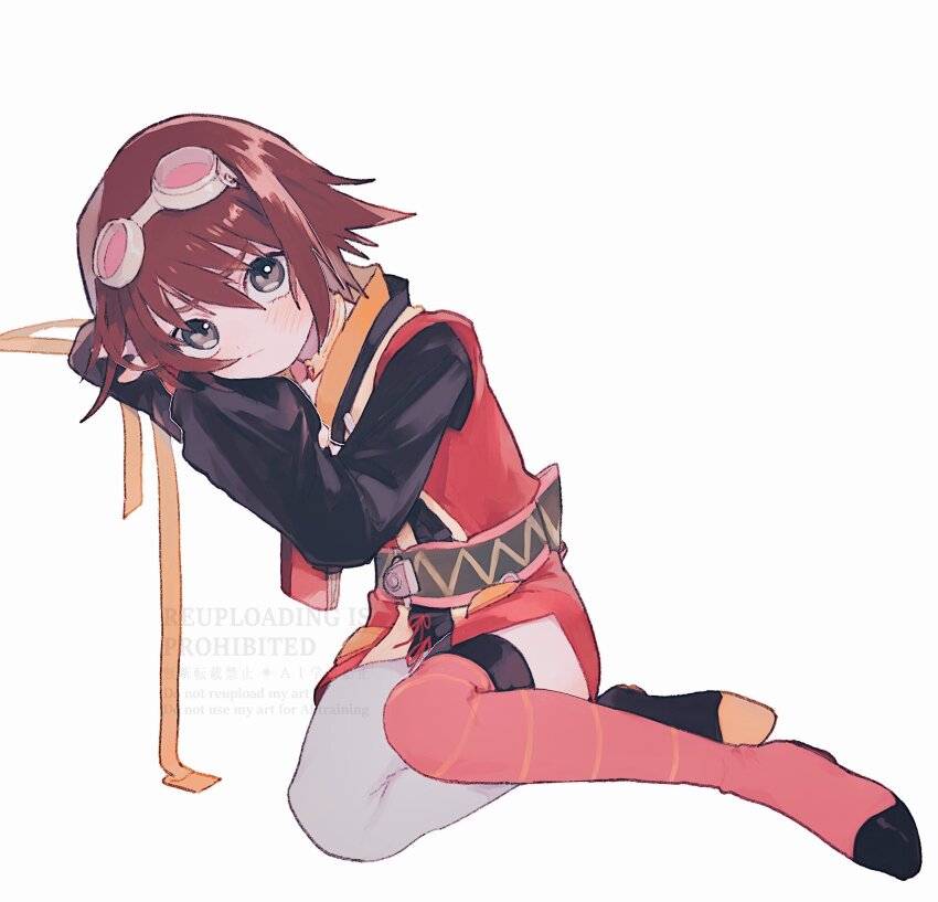 1girl absurdres brown_hair closed_mouth commentary_request full_body goggles goggles_on_head grey-framed_eyewear grey_eyes head_rest highres light_blush looking_at_viewer mismatched_thighhighs nancykittyu pink-tinted_eyewear red_thighhighs rita_mordio short_hair simple_background sitting solo tales_of_(series) tales_of_vesperia thighhighs tinted_eyewear watermark white_background