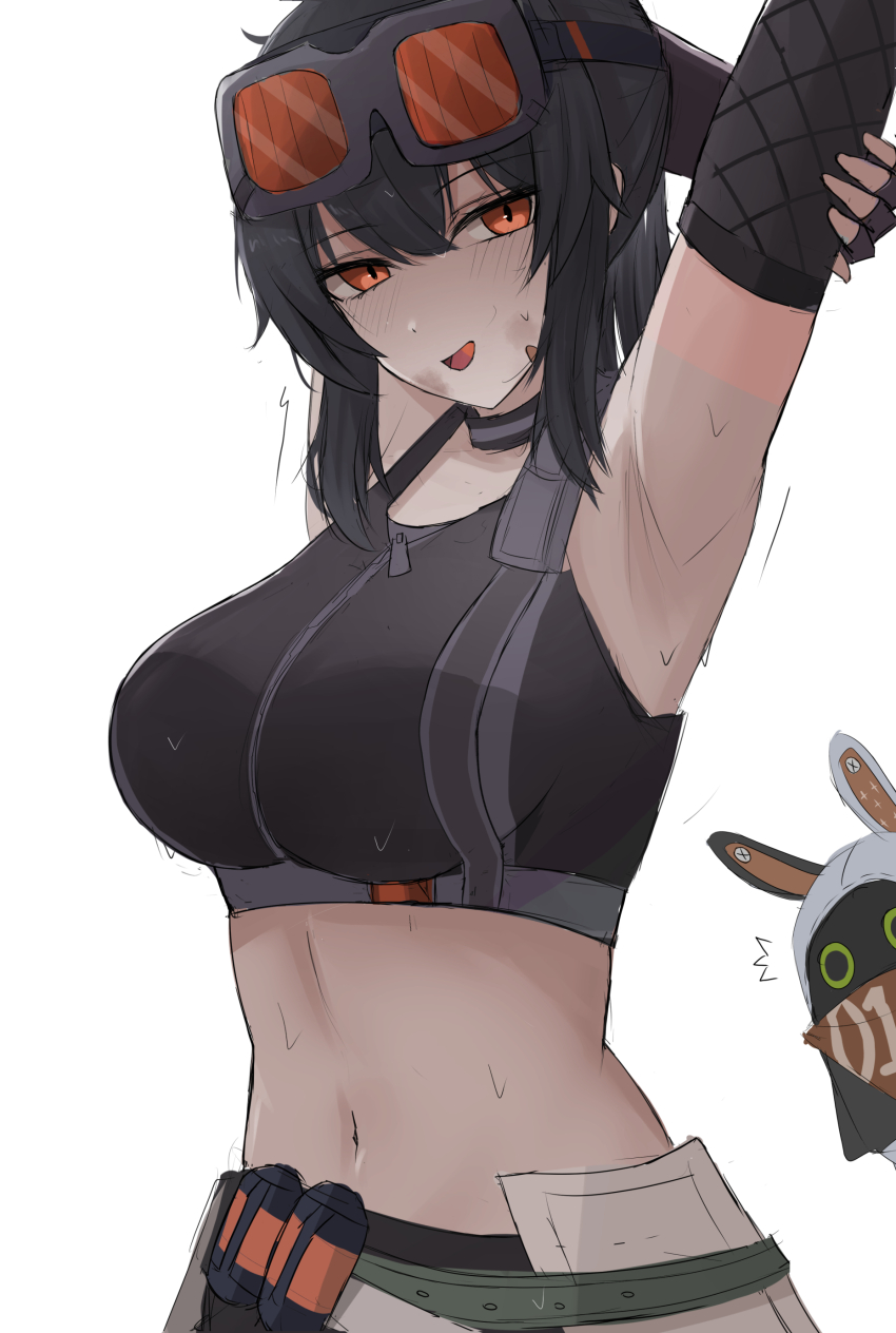 1girl :d absurdres armpits arms_up bangboo_(zenless_zone_zero) bare_shoulders black_choker black_hair breasts choker crop_top eous_(zenless_zone_zero) goggles goggles_on_head grace_howard highres long_hair looking_at_viewer midriff namikare navel open_mouth orange_eyes presenting_armpit simple_background smile solo sports_bra stomach upper_body white_background zenless_zone_zero
