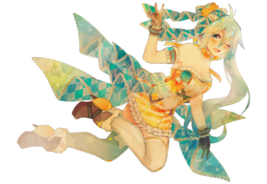 1girl ahoge argyle_bow argyle_clothes armband back_bow black_gloves blue_bow blue_eyes blue_flower blue_hair blue_rose blush boots bow bow_choker breasts brooch brown_armband brown_boots brown_bracelet choker cleavage collarbone commission constellation_print crescent dress eyelashes flower flower_brooch frilled_bow frilled_choker frilled_dress frills full_body fur-trimmed_boots fur_trim gloves hair_bow hatsune_miku hatsune_miku_(orange_blossom) heart high_heel_boots high_heels hoshi-pan lace-trimmed_bow lace_trim leg_up light_blue_hair long_hair looking_at_viewer making-of_available medium_breasts one_eye_closed orange_choker orange_dress painttool_sai_(medium) pasties rose short_dress side_ponytail skirt sleeveless sleeveless_dress solo star_(symbol) star_pasties striped_clothes striped_skirt thighhighs transparent_background v vocaloid waist_bow white_thighhighs