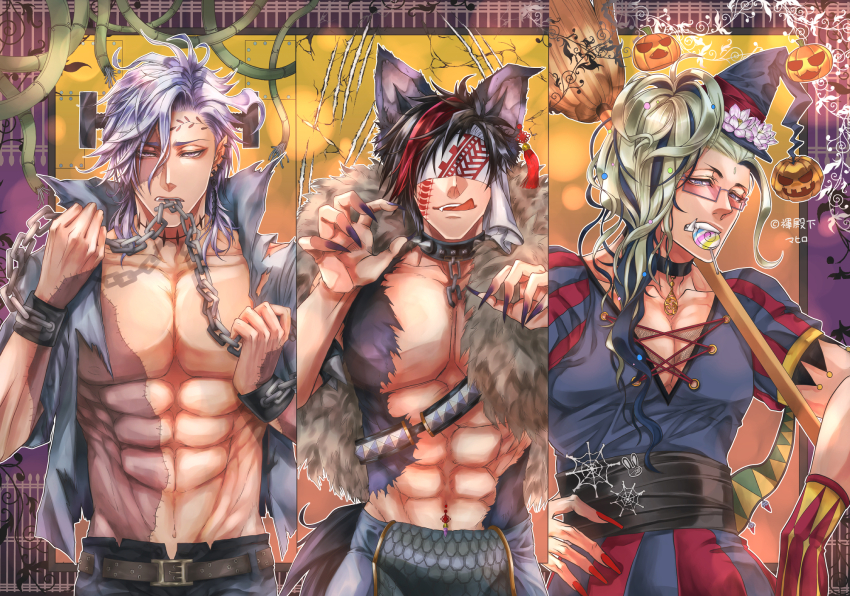 3boys alternate_costume alternate_hairstyle animal_ears animal_print belt black_collar black_fur black_hair black_nails black_pants black_sash blindfold blonde_hair broom buddha_(shuumatsu_no_valkyrie) candy centipede_tattoo chain chain_in_mouth chain_leash cheek_tattoo choker claw_pose collar cuffs earrings facial_tattoo facing_viewer fangs fingernails food forehead_tattoo fur_boa gloves hades_(shuumatsu_no_valkyrie) half-closed_eyes halloween halloween_costume hand_on_own_hip hands_up hat highres holding holding_broom jack-o&#039;-lantern jacket jewelry leaf_tattoo leash licking licking_lips lollipop lollipop_in_mouth long_hair looking_at_viewer male_focus multicolored_hair multiple_boys muscular muscular_male nail_polish navel_piercing one_glove open_mouth pants pectoral_cleavage pectorals piercing pointy_ears ponytail purple_eyes qin_shi_huang_(shuumatsu_no_valkyrie) rabbit_print red_gloves red_hair red_nails sash scale_print scales shackles sharp_fingernails shirtless_male short_hair shuumatsu_no_valkyrie side_ponytail single_earring single_glove smile spider_web_print spiked_choker spiked_collar spikes stitches streaked_hair tagme tail tattoo toned toned_male tongue tongue_out topless_female topless_male torn_clothes torn_jacket web white_hair witch witch_hat wolf_boy wolf_ears wolf_tail zombie zombie_boy