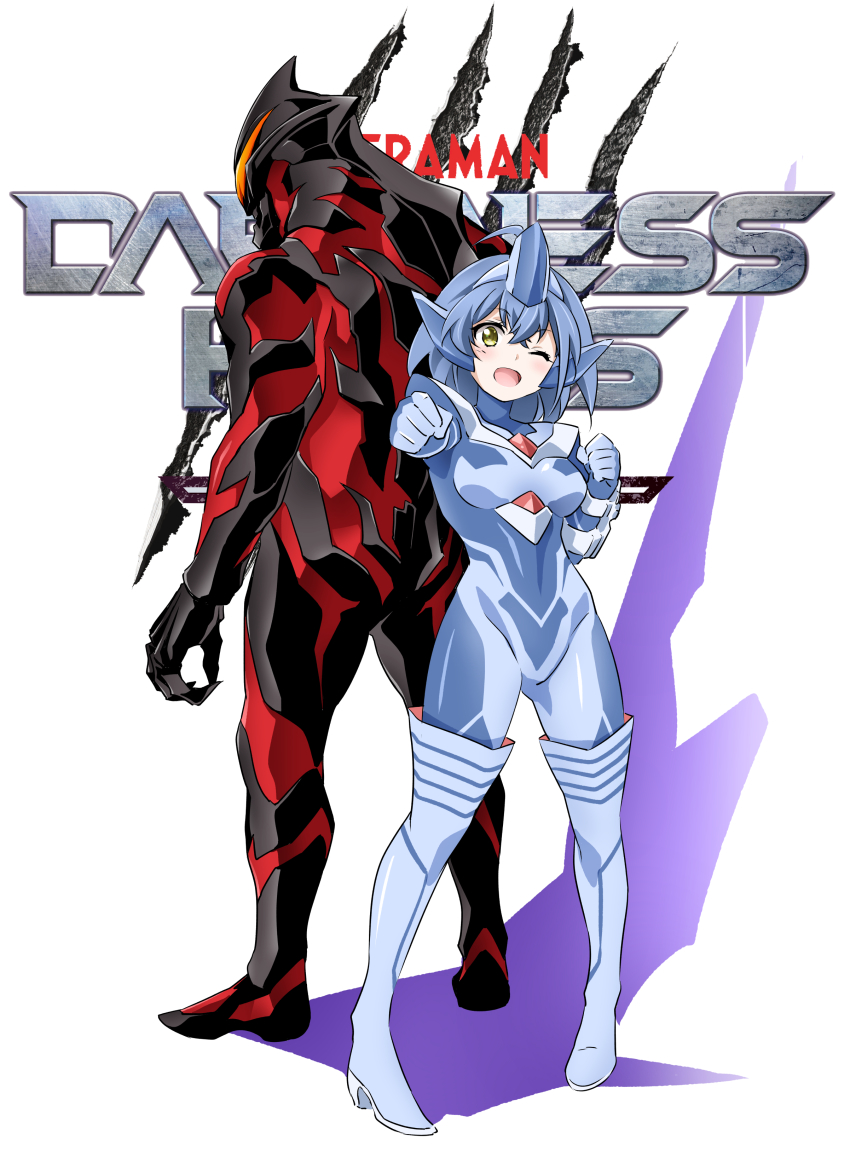 1boy 1girl absurdres alien black_bodysuit blue_hair bodysuit claws dai-kaijuu_battle_ultra_ginga_densetsu_the_movie darkness_heels darkness_heels_lili fingernails highres holding lili_(darkness_heels) long_fingernails mega_monster_battle:_ultra_galaxy_legends_the_movie multicolored_bodysuit muscular open_mouth orange_eyes red_bodysuit smile tokusatsu tsunashima_shirou ultra_galaxy_(series) ultra_series ultraman_belial ultraman_geed_(series) yellow_eyes