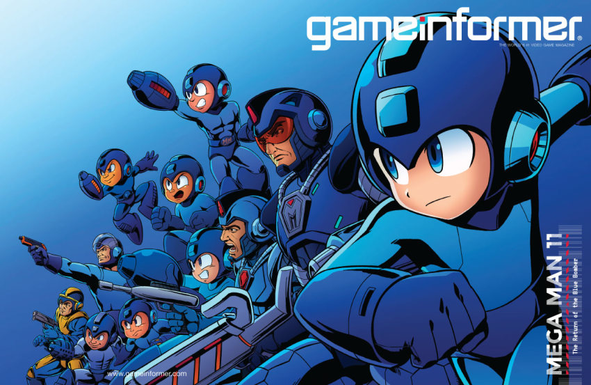 6+boys arm_cannon armor blue_background blue_theme bodysuit capcom copyright_name cover english_text from_side gradient_background gun helmet legs_apart magazine_cover male_focus mega_man_(character) mega_man_(classic) mega_man_(series) mega_man_1 mega_man_10 mega_man_11 mega_man_2 mega_man_3 mega_man_4 mega_man_5 mega_man_6 mega_man_7 mega_man_8 mega_man_9 multiple_boys multiple_persona official_art open_mouth smile standing thick_eyebrows v-shaped_eyebrows visor watermark weapon web_address