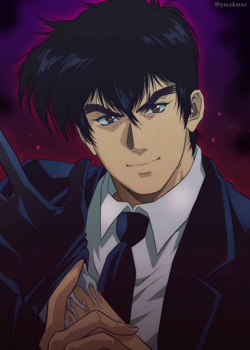 1boy absurdres black_gloves black_hair black_jacket black_necktie brown_eyes collared_shirt fingernails forked_eyebrows gloves glowing highres jacket jigoku_sensei_nube looking_at_viewer male_focus necktie nueno_meisuke removing_glove shirt short_hair smile solo suit_jacket twitter_username upper_body white_shirt yuu_(masarunomori)