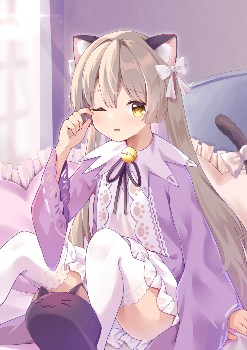 1girl absurdres animal_ears bed cat_ears cat_tail heaven_burns_red highres kk0220 long_hair ogasawara_hisame one_eye_closed pajamas solo tail thighhighs waking_up white_hair white_thighhighs yellow_eyes