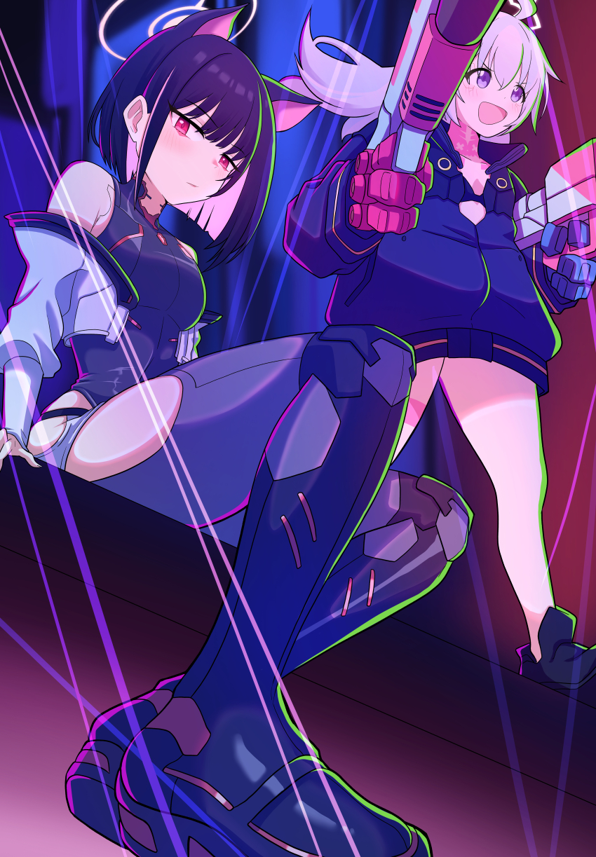 2girls :d absurdres ahoge android animal_ears bare_shoulders black_bra black_footwear black_hair black_jacket black_leotard blue_archive boots bra breasts cat_ears closed_mouth collarbone commentary_request cosplay cyberpunk_(series) cyberpunk_edgerunners dual_wielding gun hair_between_eyes halo highres holding holding_gun holding_weapon jacket kazusa_(blue_archive) knee_boots korean_commentary leotard long_hair long_sleeves lucy_(cyberpunk) lucy_(cyberpunk)_(cosplay) mechanical_hands medium_breasts multicolored_hair multiple_girls neck_tattoo open_mouth pangtanto partially_unzipped pink_hair puffy_long_sleeves puffy_sleeves purple_eyes rebecca_(cyberpunk) rebecca_(cyberpunk)_(cosplay) red_eyes reisa_(blue_archive) shoes sitting smile standing tattoo two-tone_hair underwear very_long_hair weapon