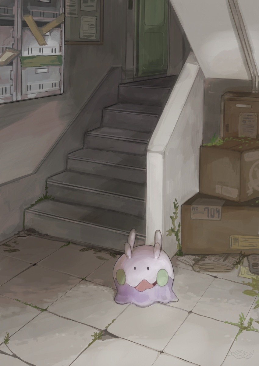 absurdres box cardboard_box commentary_request dido_(di_do_di_do) door game_freak gen_6_pokemon goomy highres indoors nintendo no_humans open_mouth pokemon pokemon_(creature) pokemon_focus solid_oval_eyes solo stairs tile_floor tiles