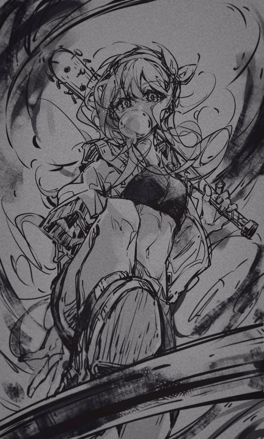 1girl absurdres aubrey_(faraway)_(omori) aubrey_(omori) baseball_bat blowing_bubbles chewing_gum crop_top greyscale hairband highres holding holding_baseball_bat jacket kyannu long_hair long_sleeves looking_at_viewer monochrome nail nail_(hardware) nail_bat navel omori solo