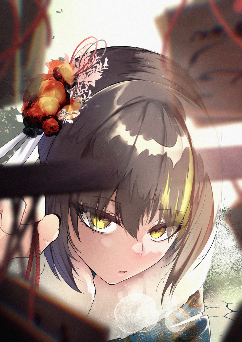 1girl :o absurdres black_hair blonde_hair blurry blurry_foreground bp_(euje3388) breath commentary_request depth_of_field ema fur-trimmed_kimono fur_trim furisode highres idolmaster idolmaster_shiny_colors ikaruga_luca japanese_clothes kimono looking_at_viewer multicolored_hair outdoors solo streaked_hair two-tone_hair yellow_eyes