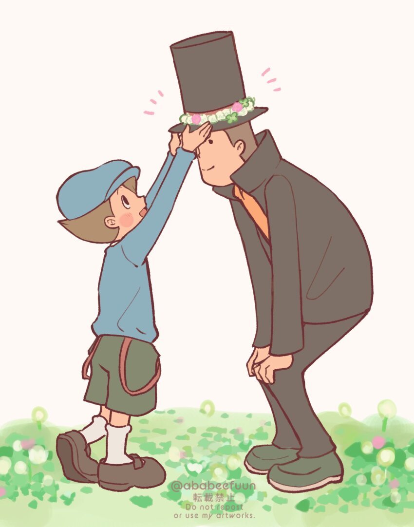 2boys abarenbou_bifun arms_up black_headwear black_jacket black_pants blue_headwear blue_sweater brown_eyes brown_footwear brown_hair newsboy_cap closed_mouth commentary_request flower_wreath full_body grass green_footwear green_shorts hat head_wreath height_difference hershel_layton high_collar highres jacket long_sleeves luke_triton male_focus multiple_boys open_clothes open_jacket open_mouth orange_sweater pants professor_layton shoes short_hair shorts smile socks standing sweater white_socks