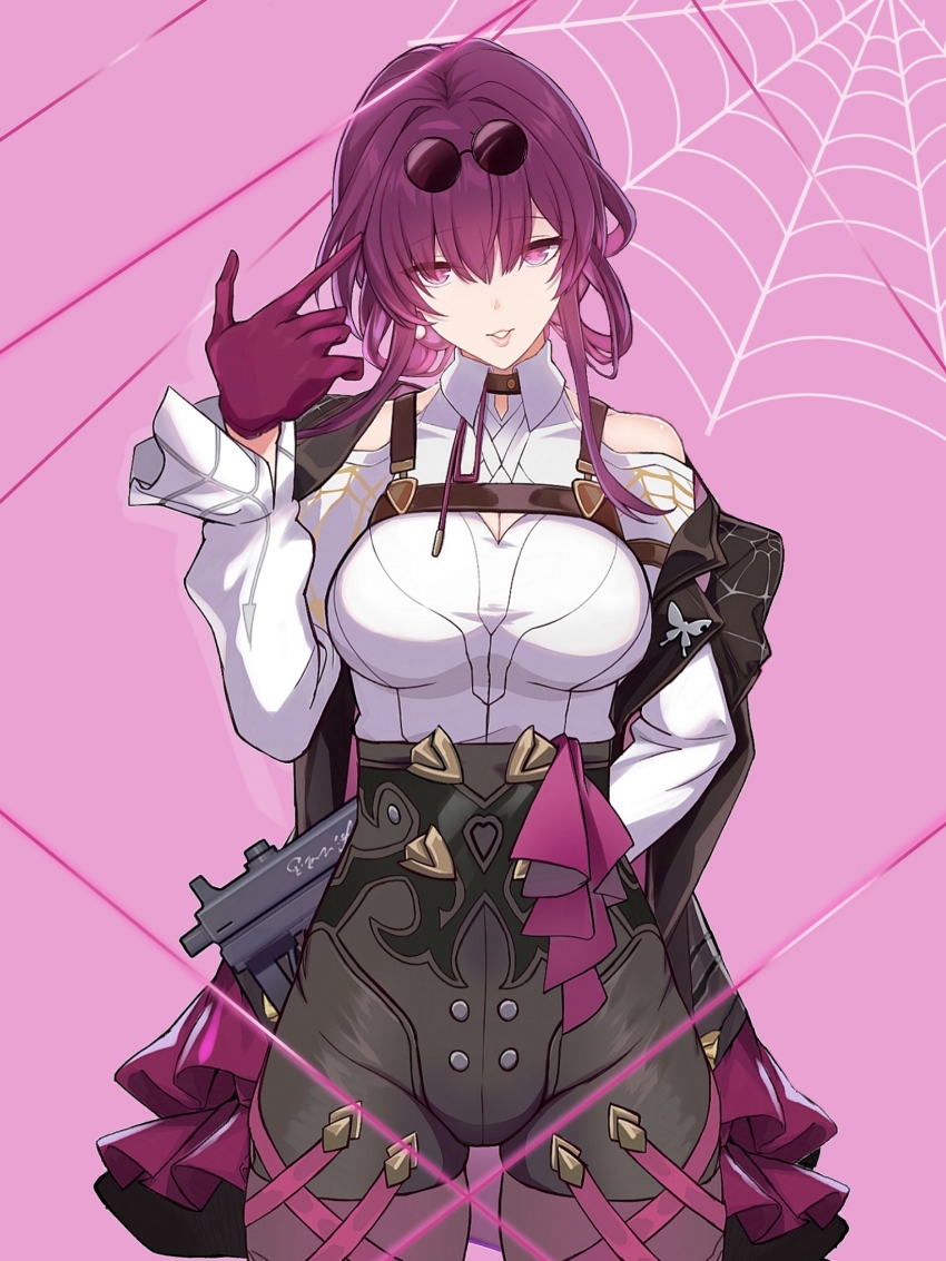 1girl arm_behind_back black_jacket black_shorts breasts clothing_cutout collared_shirt commentary_request cowboy_shot eyewear_on_head finger_gun finger_gun_to_head glasses gloves gun high-waist_shorts highres holding holding_gun holding_weapon honkai:_star_rail honkai_(series) jacket jacket_on_shoulders kafka_(honkai:_star_rail) large_breasts long_sleeves pantyhose parted_lips pince-nez pink_background purple_eyes purple_gloves purple_hair purple_pantyhose saint_laurent_paris shirt shorts shoulder_cutout silk simple_background smile solo spider_web submachine_gun sunglasses weapon white_shirt