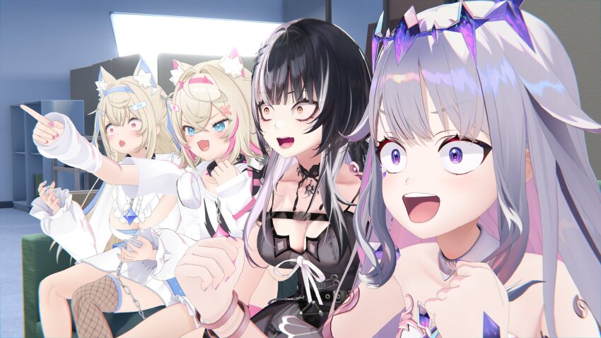 3d 4girls :3 :d :o absurdres animal_ear_fluff bandaid bandaid_hair_ornament black_choker black_dress black_hair blonde_hair blue_eyes blue_hair breasts chain chegi_channel chest_belt choker circlet clenched_hands colored_inner_hair commentary couch detached_sleeves dress eyelashes fangs fishnet_thighhighs fishnets fuwawa_abyssgard fuwawa_abyssgard_(1st_costume) gaijin_4koma_(meme) gem gem_hair_ornament grey_hair hair_ornament hand_jewel hands_up headphones headphones_around_neck highres hoeh_(meme) hololive hololive_english indoors jacket jewel_under_eye koseki_bijou koseki_bijou_(1st_costume) lace lace-trimmed_choker lace_choker lace_trim large_breasts long_hair meme mococo_abyssgard mococo_abyssgard_(1st_costume) multicolored_hair multiple_girls open_mouth outstretched_arm pendant_choker photo-referenced pink_eyes pink_hair pink_nails pointing purple_eyes purple_gemstone purple_hair shiori_novella shiori_novella_(1st_costume) single_arm_guard single_thighhigh sitting smile split-color_hair symbol-only_commentary thighhighs two-tone_hair upper_body very_long_hair virtual_youtuber white_dress white_jacket wide-eyed x_hair_ornament yellow_eyes