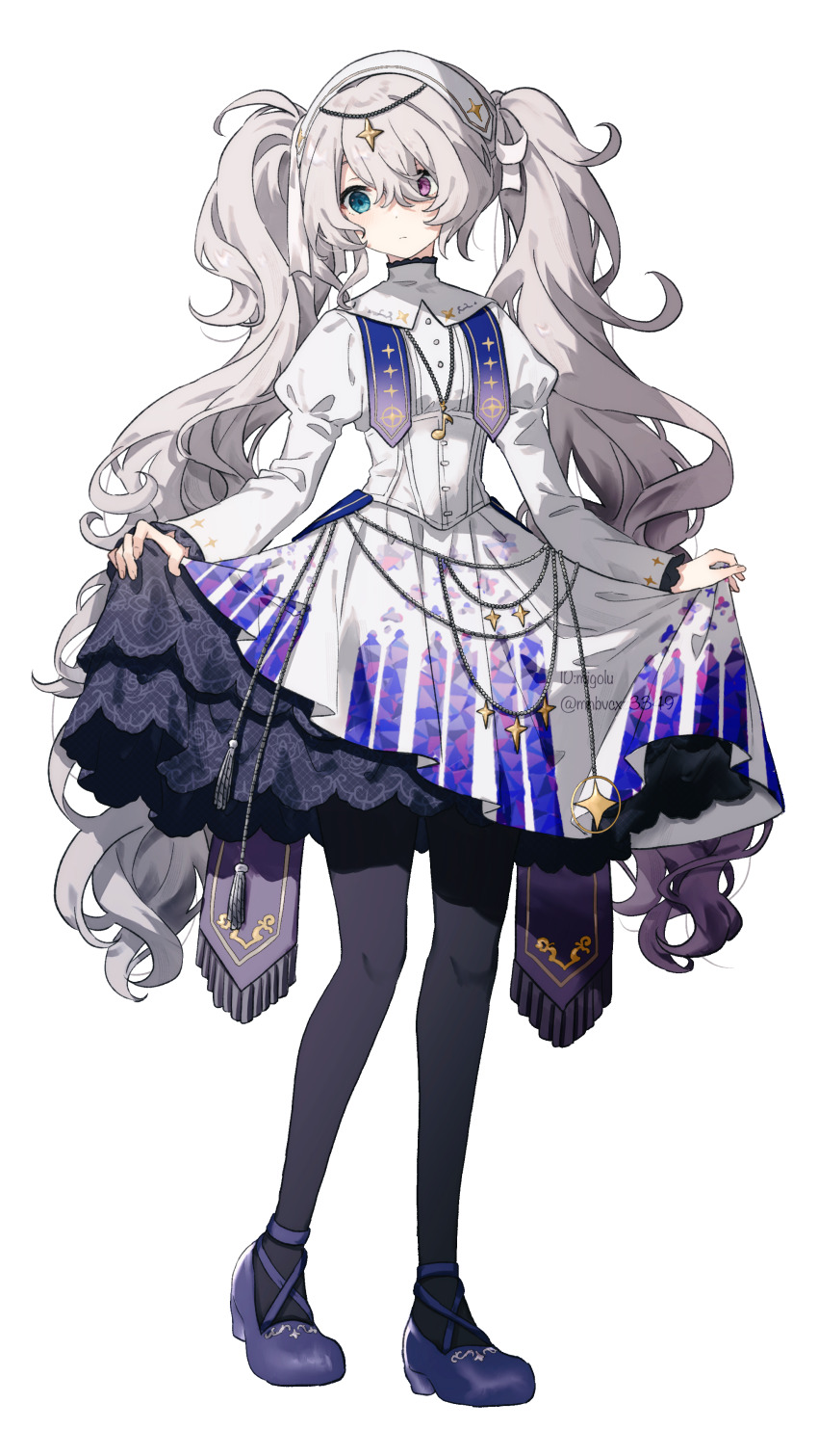 1girl 25-ji_miku absurdres aqua_eyes black_pantyhose closed_mouth commentary corset dot_nose dress expressionless facing_viewer frills full_body grey_hair hair_between_eyes hairband hatsune_miku heterochromia high_collar highres holding juliet_sleeves long_hair long_sleeves looking_down migolu musical_note_necklace noctis_monaka_(project_sekai) official_alternate_costume pantyhose pink_eyes project_sekai puffy_sleeves purple_shoes shoes sidelocks simple_background skirt_hold solo standing star_(symbol) symbol-only_commentary twintails twitter_username underbust very_long_hair vocaloid white_background white_corset white_dress