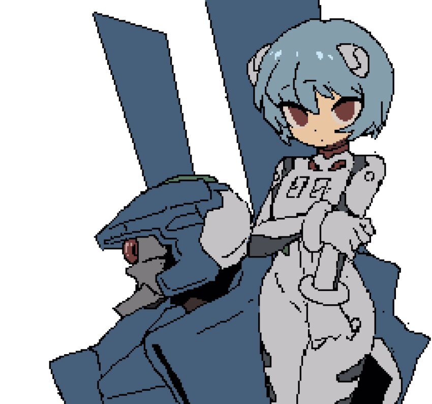 1girl arm_at_side arm_under_breasts ayanami_rei blue_hair bodysuit border brandon_(badger_g) breasts closed_mouth commentary cowboy_shot dot_mouth empty_eyes english_commentary eva_00 hair_between_eyes highres interface_headset_(evangelion) looking_at_viewer mecha mecha_pilot_suit neon_genesis_evangelion pixel_art plugsuit_(evangelion) red_bodysuit red_eyes robot short_hair simple_background small_breasts solo standing white_background white_border