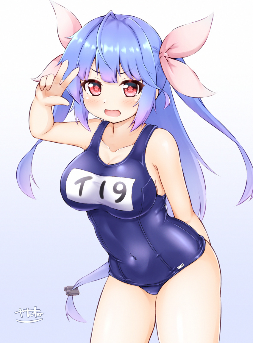 1girl blue_hair blush breasts cowboy_shot flower-shaped_pupils grey_background hair_ornament hair_ribbon highres i-19_(kancolle) kantai_collection large_breasts long_hair looking_at_viewer one-piece_swimsuit red_eyes ribbon school_swimsuit smile solo swimsuit symbol-shaped_pupils twintails zanne