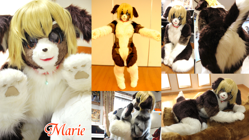 animal_ears animal_hands asian ass blonde_hair bodysuit collar cosplay costume dog dog_ears dog_tail furry furry_male japanese_(nationality) kneeling leaning_forward looking_at_viewer lying male_focus marie mask photo_(medium) presenting smile standing tail tashiro_yuu