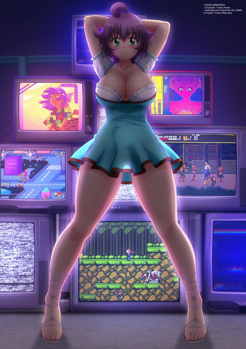 1girl absurdres ahoge arms_behind_head arms_up axel_stone bishoujo_senshi_sailor_moon blue_dress blush breasts cleavage collarbone contra dress gin_(popslinger) green_eyes highres konami lance_bean large_breasts looking_at_viewer nintendo popslinger purple_hair ria_carbon sandals sega short_hair short_sleeves skule_toyama smile standing streets_of_rage television tsukino_usagi white_sandals yukino_akaihi yukino_memories zel-sama