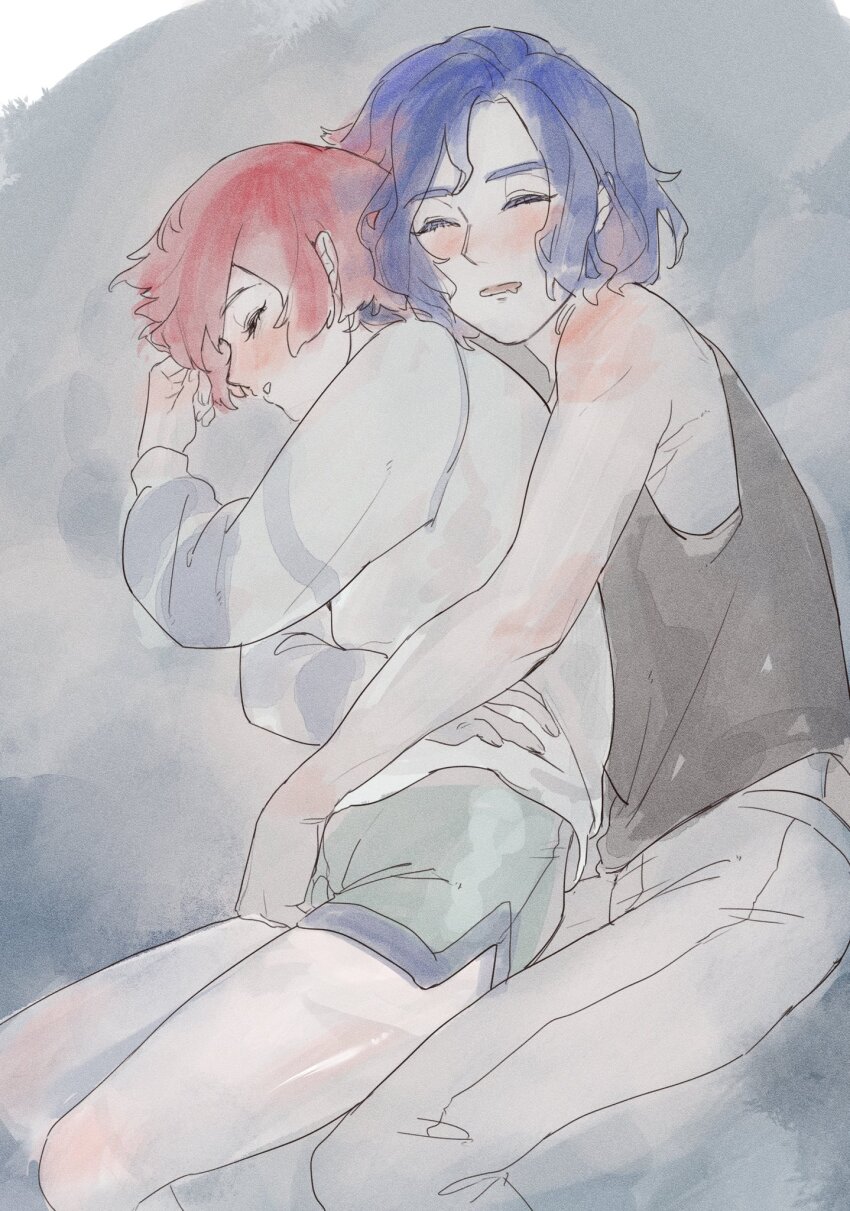 1boy 1girl amate_yuzuriha blue_hair blush closed_eyes commentary_request drooling grey_background gundam gundam_gquuuuuux hetero highres hrendi88 hug hug_from_behind lying mouth_drool on_side pants red_hair short_hair shorts shuji_ito sleeping sleeveless sweater tank_top