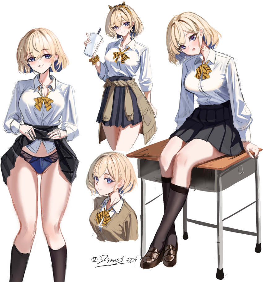 1girl absurdres black_skirt black_socks blonde_hair blue_eyes blue_hair blue_panties bow bowtie breasts clothes_lift collared_shirt colored_inner_hair dimos_(dawn_1945) gloire_(kancolle) gloire_kai_(kancolle) gloire_kai_(setsubun)_(kancolle) highres kantai_collection large_breasts lifting_own_clothes long_sleeves miniskirt mole mole_on_neck multicolored_hair neckerchief official_alternate_costume panties pleated_skirt school_uniform scrunchie shirt short_hair skirt skirt_lift socks underwear white_shirt wrist_scrunchie yellow_bow yellow_bowtie yellow_neckerchief yellow_scrunchie